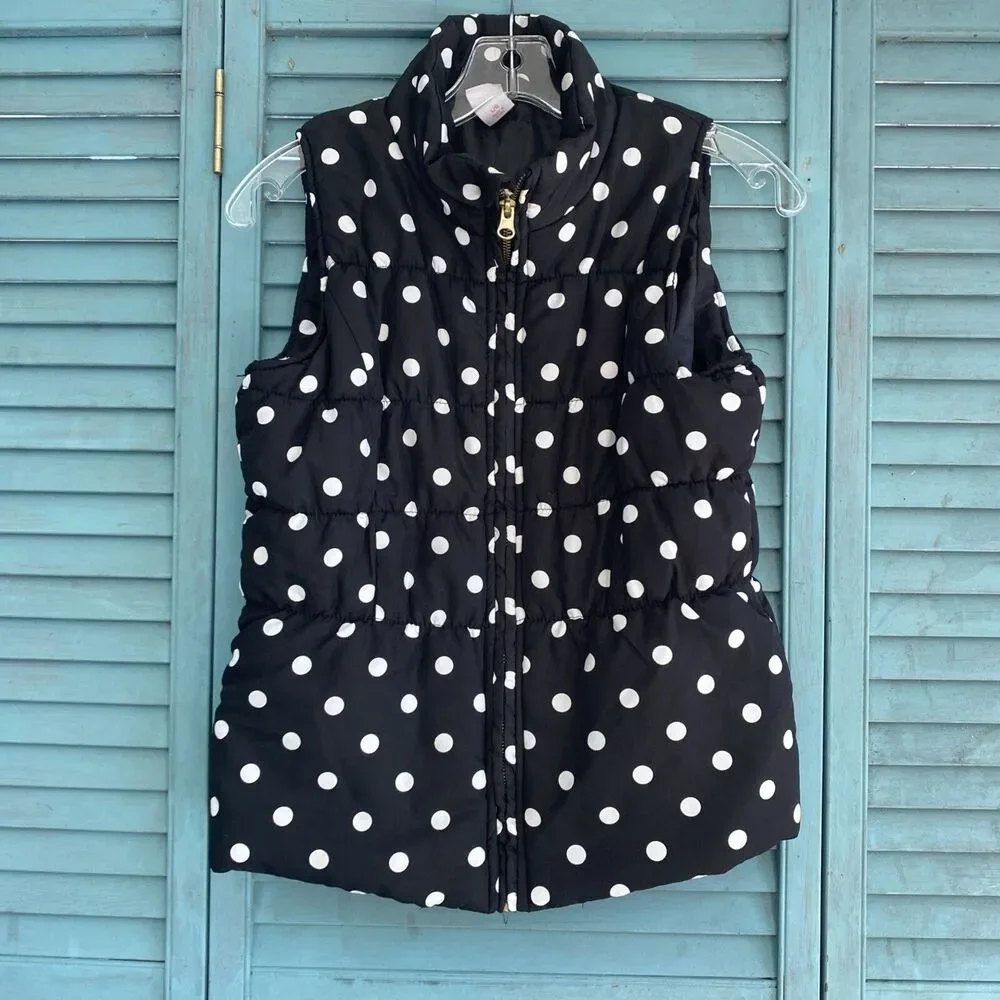 Circo Girls Zip Up Puffer Vest ~ Sz L ~ Black with White Dots ~ Sleeveless